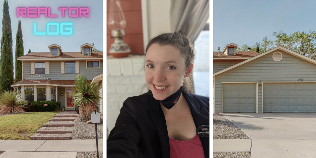 From the left: exterior shot of cape-cod style home with "REALTOR LOG" text at the top, selfie shot of real estate agent Elizabeth Benedict next to fireplace with mask around neck, and exterior shot of home's front