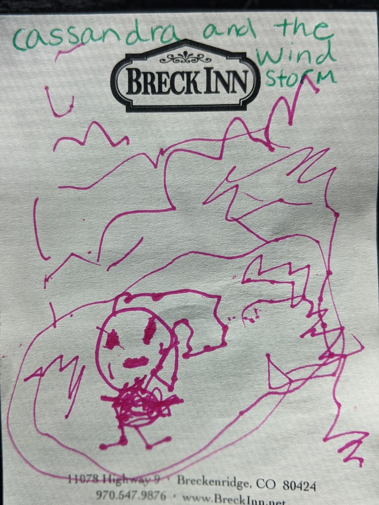 Toddler drawing of her story "Cassandra and the Wind Storm"