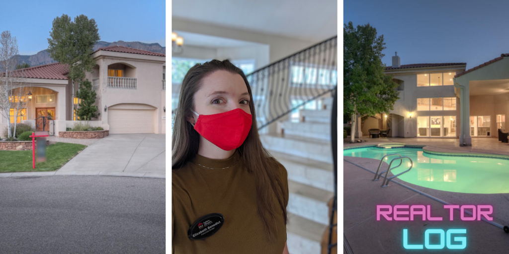 From the left: exterior shot of luxury mediterranean style home, selfie shot of real estate agent Elizabeth Benedict wearing a red mask, and exterior backyard shot of pool illuminated at night with text in bottom right corner that says "REALTOR LOG"