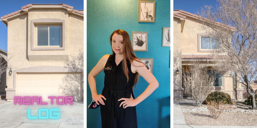 From left: front exterior of a Westside home for sale in Albuquerque with light brown stucco and tiled roof. Next to it is a picture of Albuquerque real estate agent Elizabeth Benedict standing in front of a gallery wall inside teh home