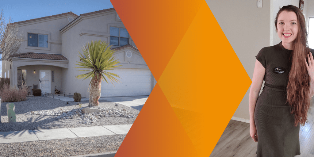 To the left, an exterior shot of a Rio Rancho Mediterranean style home that listed and sold in a weekend. To the right, Albuquerque Real Estate Agent Elizabeth Benedict posing inside. Header image is framed with bright orange colors in the middle
